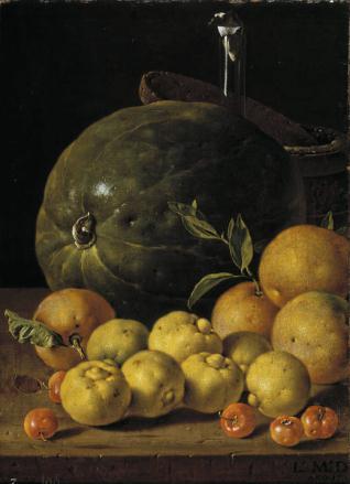 Bodegón: limas, naranjas, acerolas y sandía