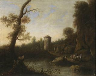 Paisaje bañado por un río con jinete y un torreón
