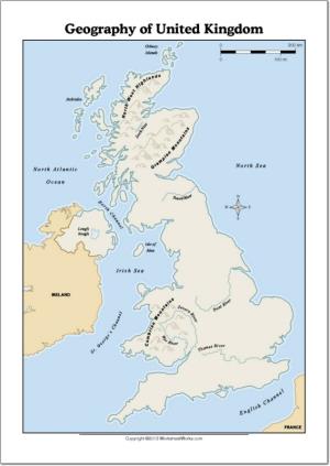 Mapa de ríos y montañas de Reino Unido. WorksheetWorks