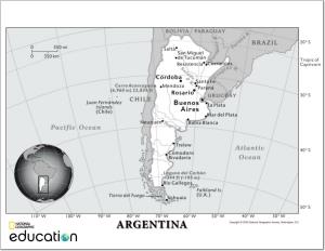 Mapa de ciudades y ríos de Argentina. National Geographic