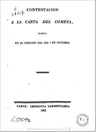 Contestacion a la carta del cometa, inserta en el Conciso del dia 7 de octubre