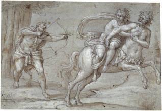 Hércules disparando una flecha al centauro Neso, que huye llevando a la ninfa Deyanira a la grupa