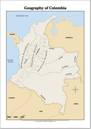 Mapa de ríos y montañas de Colombia. WorksheetWorks