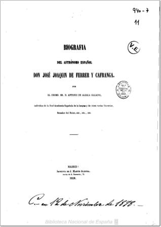 Biografía del astrónomo español José Joaquín de Ferrer y Cafranga