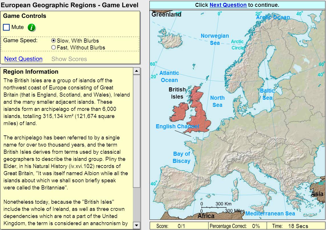 Geographic regions of Europe. Game. Sheppard Software