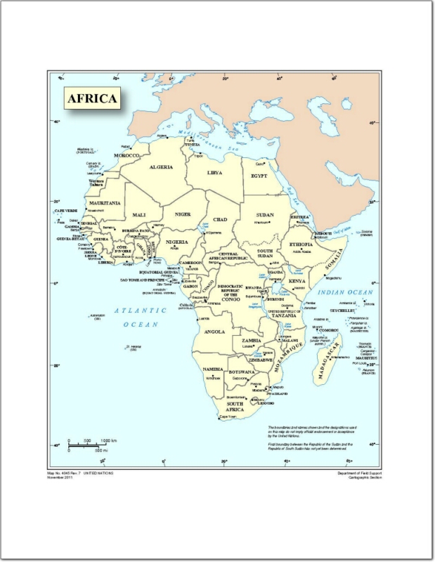 Mapa de países y capitales de África. Naciones Unidas
