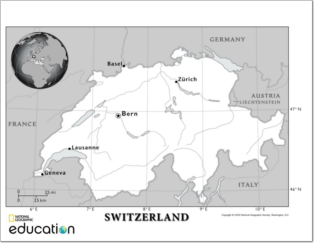 Mapa de ríos de Suiza. National Geographic