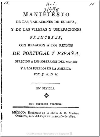 Manifiesto de las variaciones de Europa, y de las vilezas y usurpaciones francesas, con relacion a los Reynos de Portugal España ...