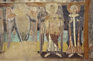 Dos ángeles y un santo arzobispo. Pintura mural de la Iglesia de la Vera Cruz de Maderuelo.