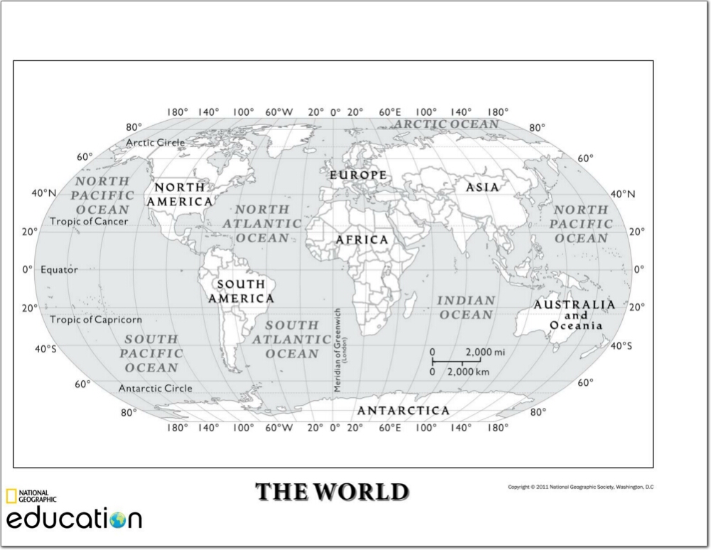 Mapa de continentes y océanos del Mundo. National Geographic