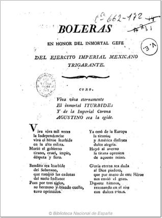 Boleras en honor del Inmortal Gefe del Ejército Imperial Mexicano Trigarante