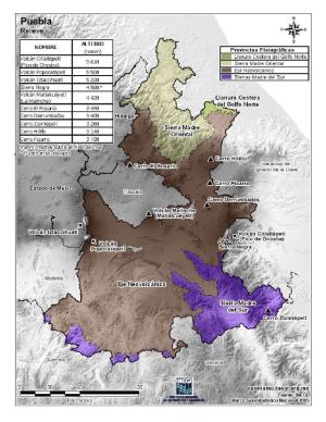 Mapa en color de montañas de Puebla. INEGI de México
