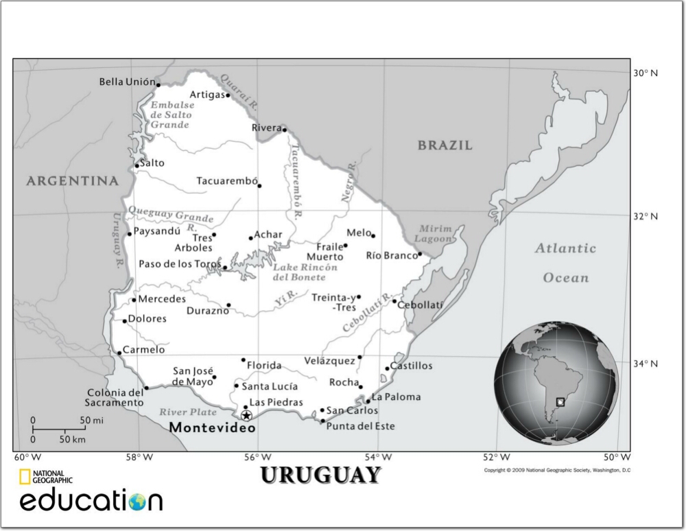 Mapa de ríos y ciudades de Uruguay. National Geographic