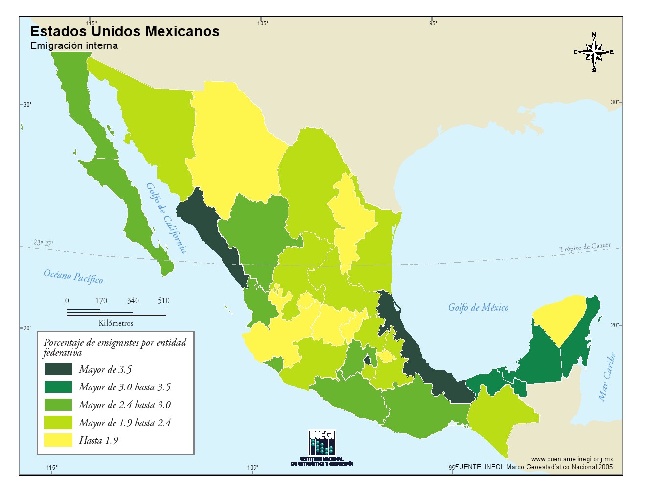 Mapa de emigración en México. INEGI de México