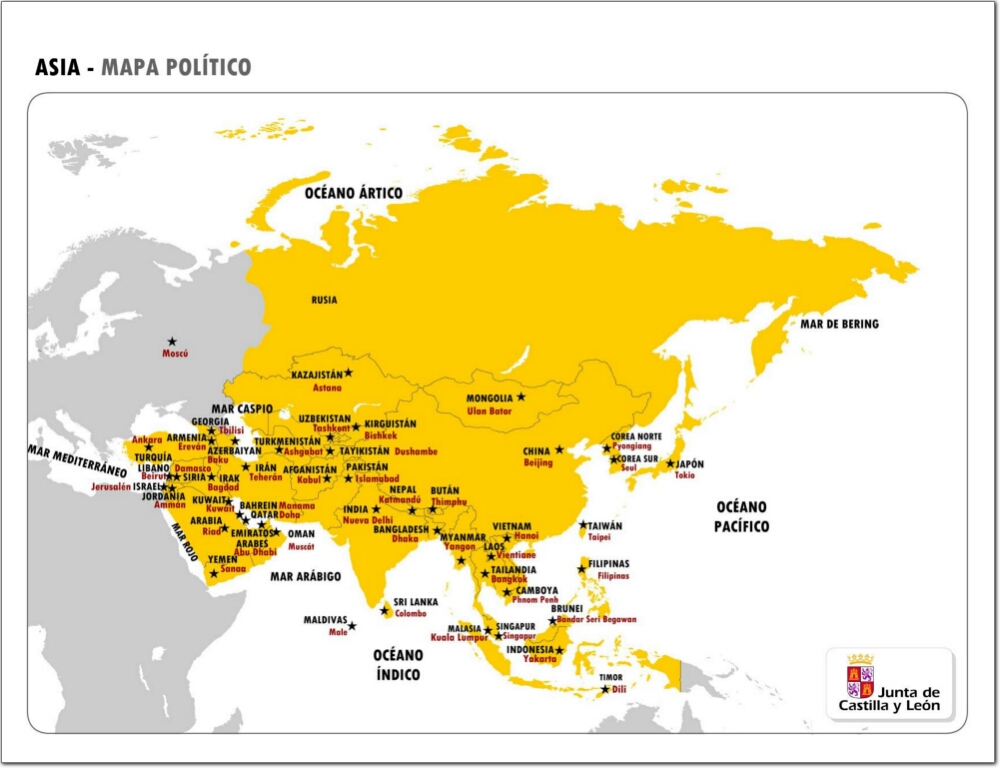 Mapa de países y capitales de Asia. JCyL