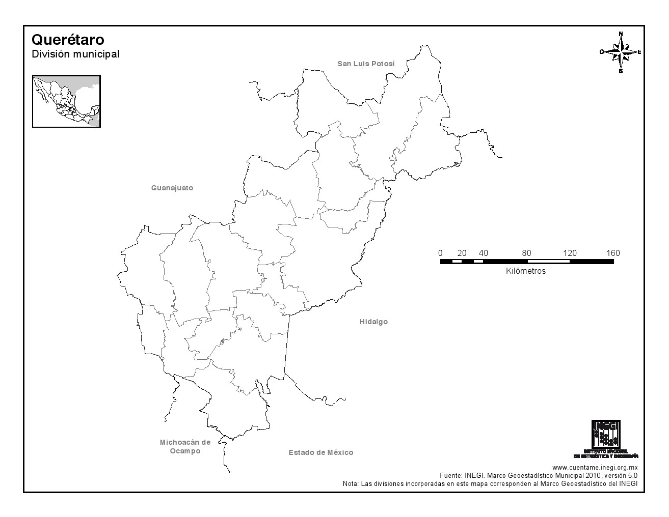 Mapa mudo de municipios de Querétaro. INEGI de México