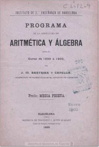 Programa de la asignatura de aritmética y álgebra para el curso de 1899 a 1900