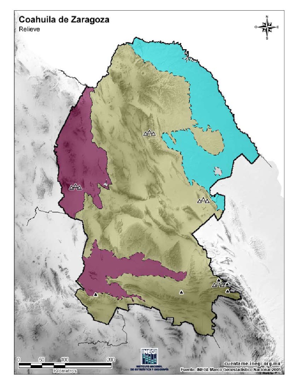 Mapa mudo de montañas de Coahuila de Zaragoza. INEGI de México