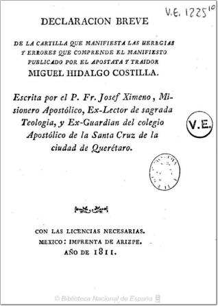 Declaracióo de la cartilla que manifiesta las heregias ... que comprende el manifiesto publicado por ... Miguel Hidalgo Costilla