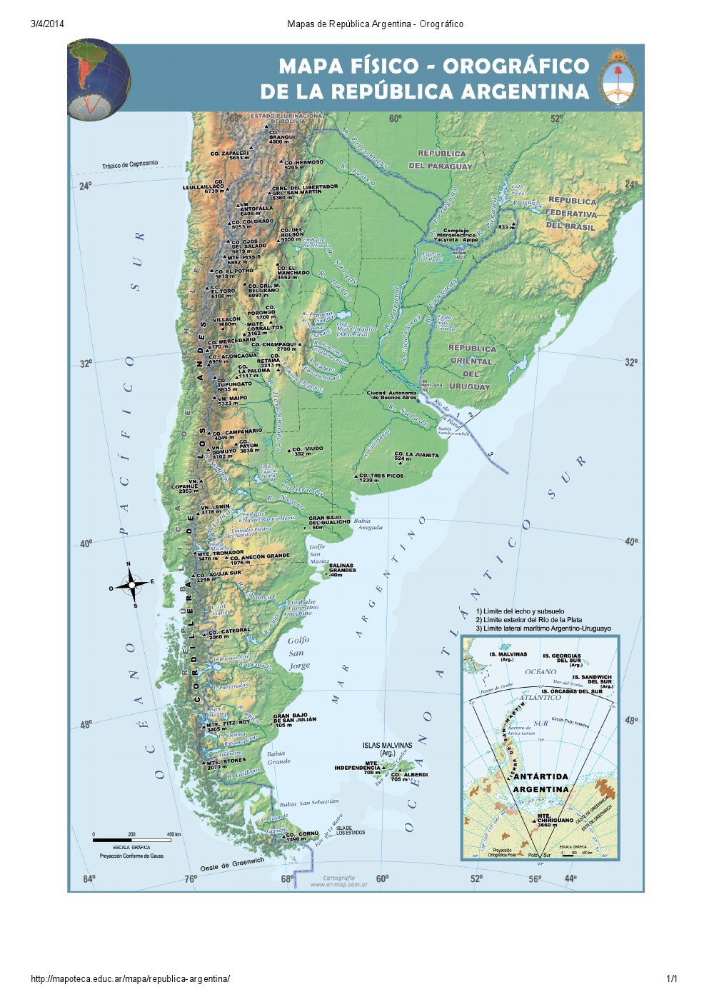 Mapa orográfico de Argentina. Mapoteca de Educ.ar