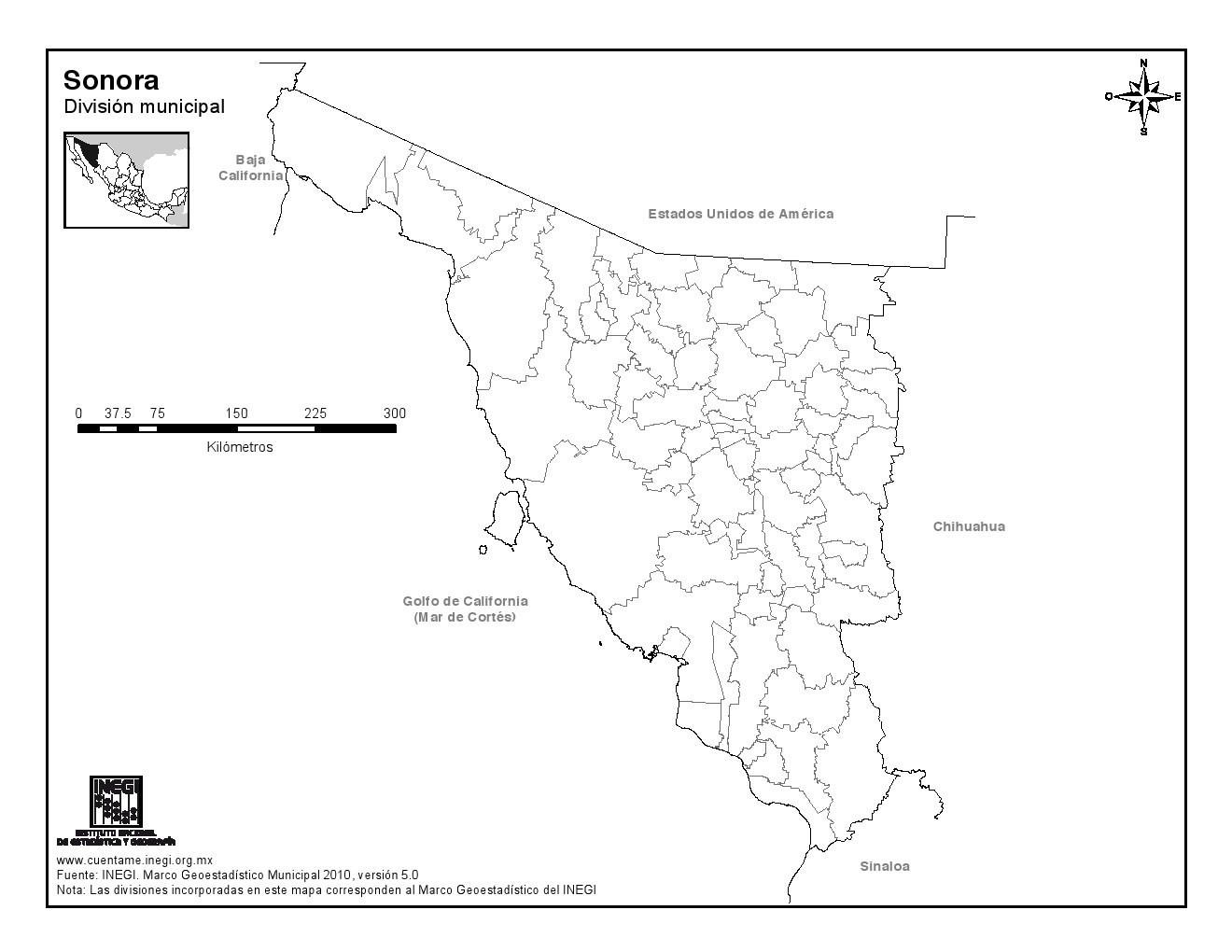 Mapa mudo de municipios de Sonora. INEGI de México