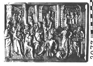 Placa con la parábola del rico Epulón y el pobre Lázaro y Sócrates entre sus discípulos antes de tomar la cicuta
