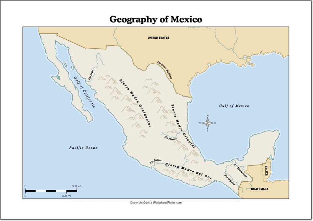 Mapa de ríos y montañas de México. WorksheetWorks