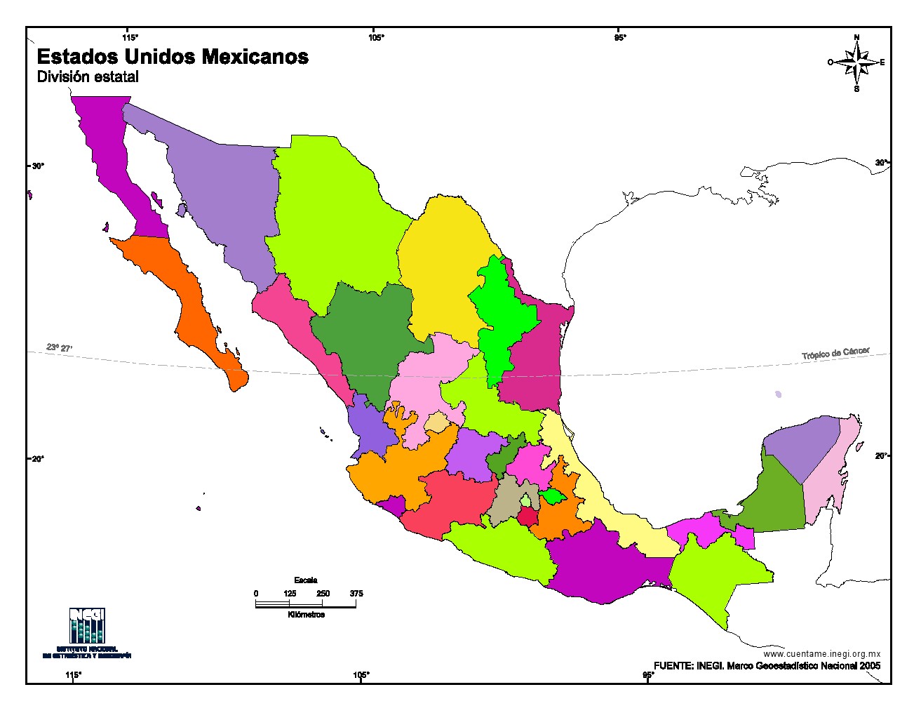 Mapa mudo en color de Estados Unidos Mexicanos. INEGI de México