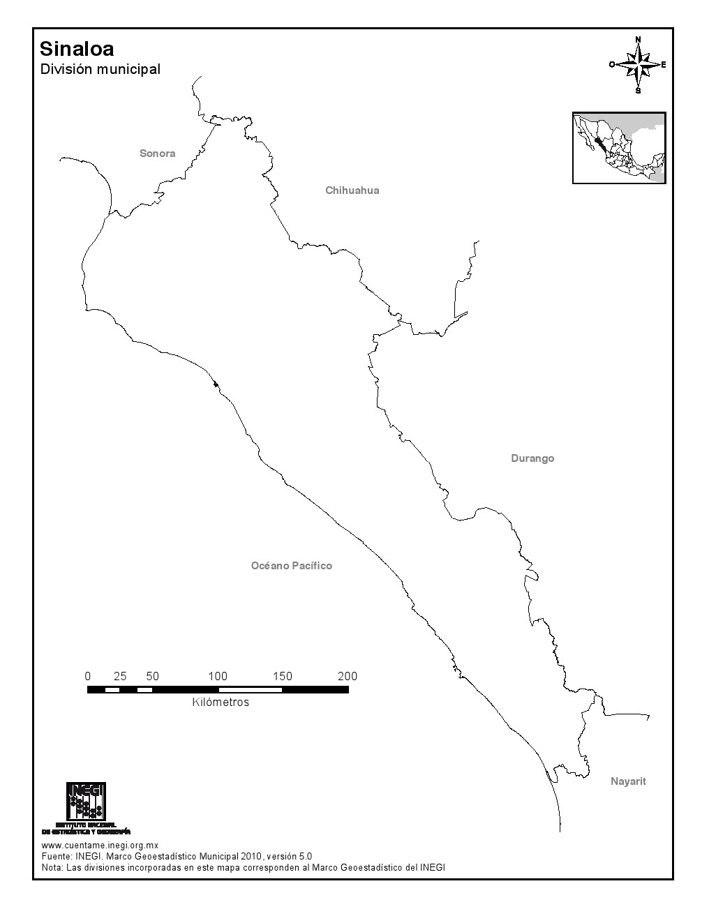 Mapa mudo de Sinaloa. INEGI de México