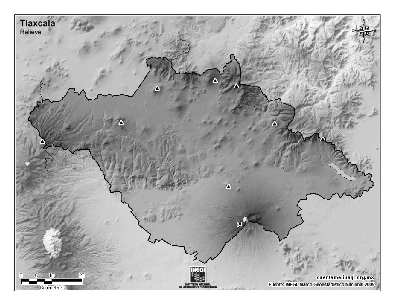 Mapa mudo de montañas de Tlaxcala. INEGI de México