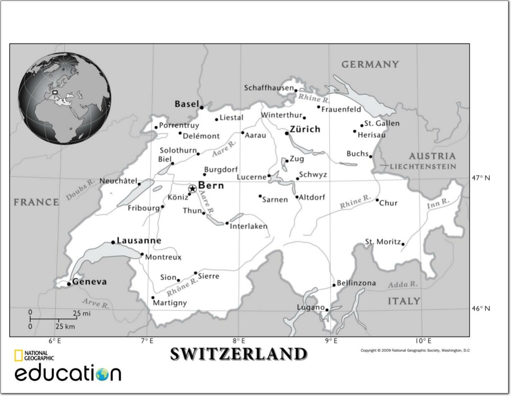 Mapa de ríos y ciudades de Suiza. National Geographic