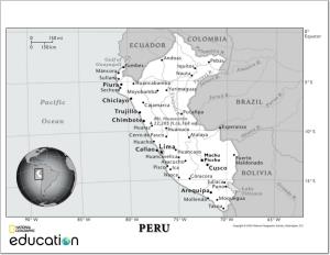 Mapa de ríos y ciudades de Perú. National Geographic