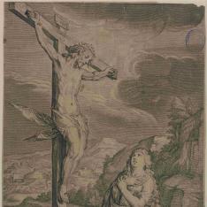 María Magdalena arrodillada frente a la cruz