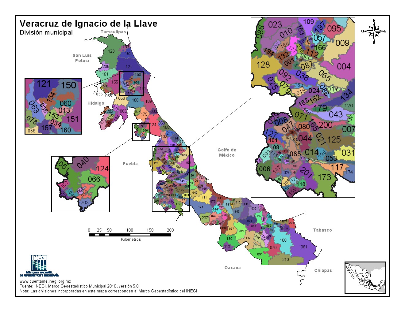 Mapa en color de los municipios de Veracruz. INEGI de México