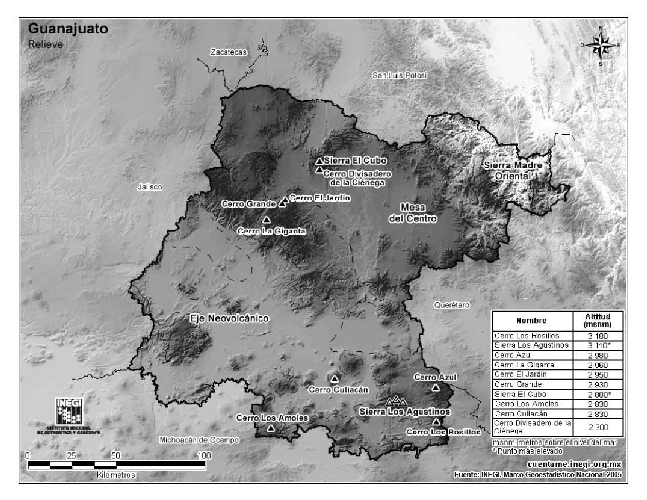 Mapa de montañas de Guanajuato. INEGI de México