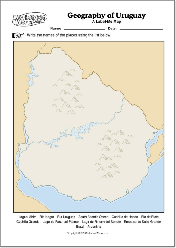Mapa mudo de ríos y montañas de Uruguay. WorksheetWorks