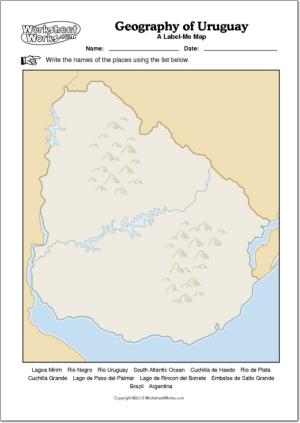 Mapa mudo de ríos y montañas de Uruguay. WorksheetWorks