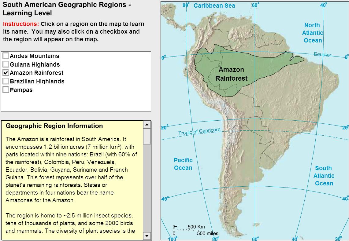 Geographic regions of South America. Tutorial. Sheppard Software