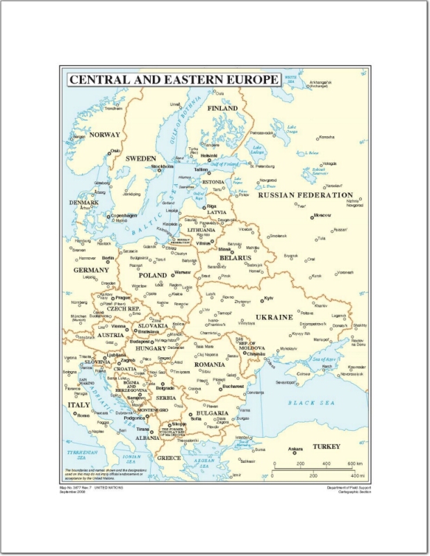 Mapa de países y capitales de Europa. Naciones Unidas