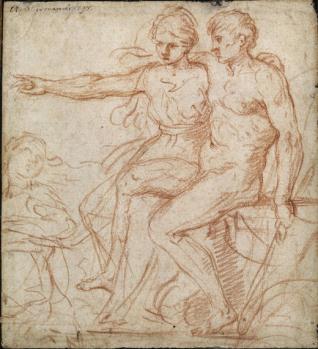 Escena mitológica con un hombre y una mujer sentados / Apuntes para figura femenina