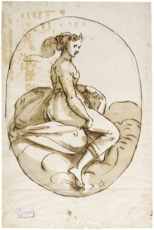 Composición oval, con una mujer sentada sobre las nubes