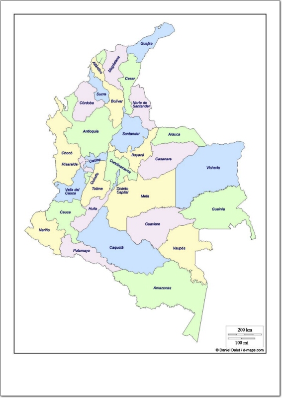 Mapa de departamentos de Colombia. d-maps