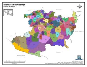 Mapa en color de los municipios de Michoacán de Ocampo. INEGI de México