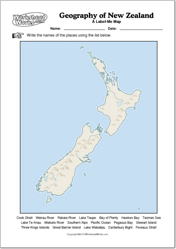 Mapa mudo de ríos y montañas de Nueva Zelanda. WorksheetWorks