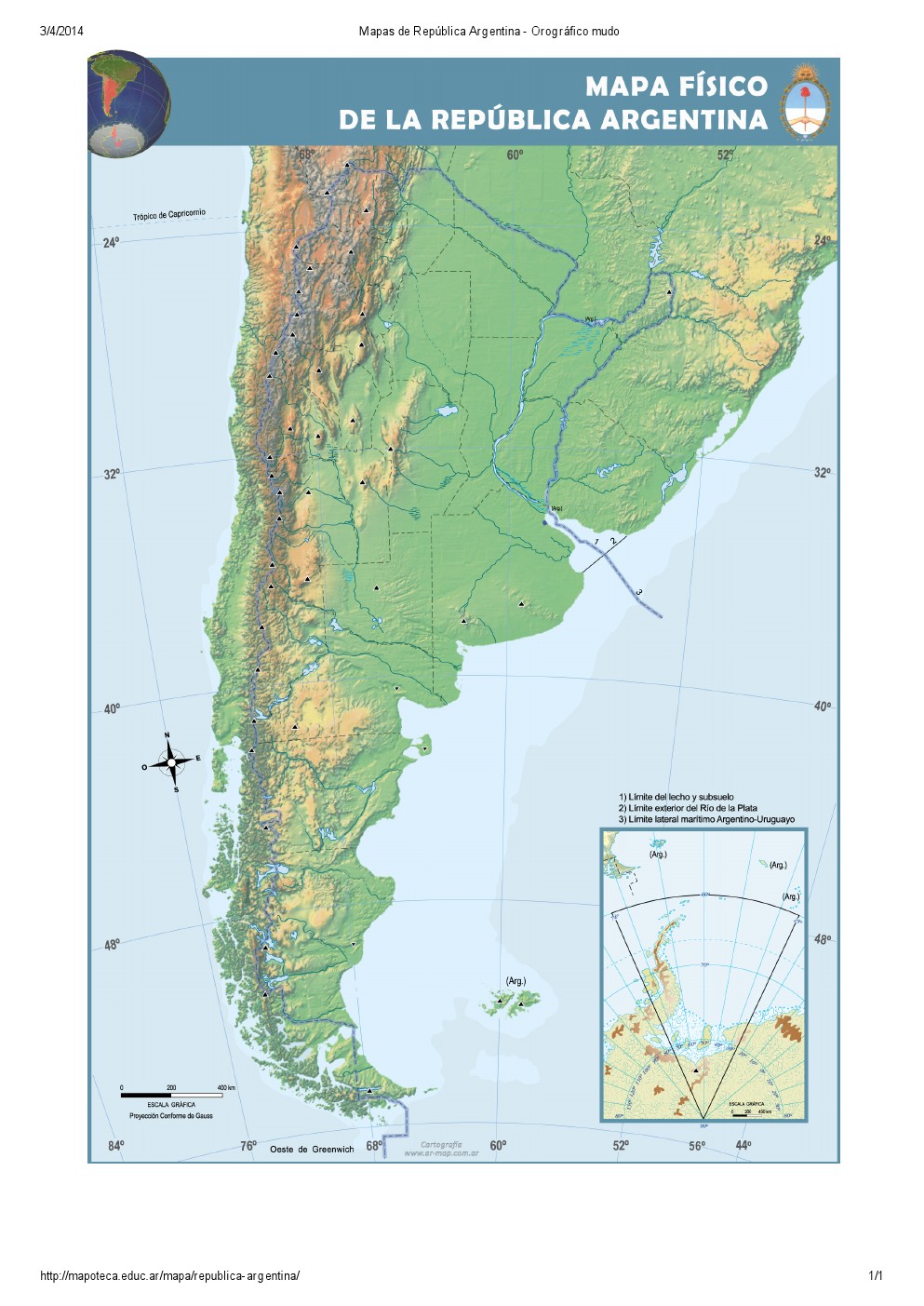 Mapa orográfico mudo de Argentina. Mapoteca de Educ.ar