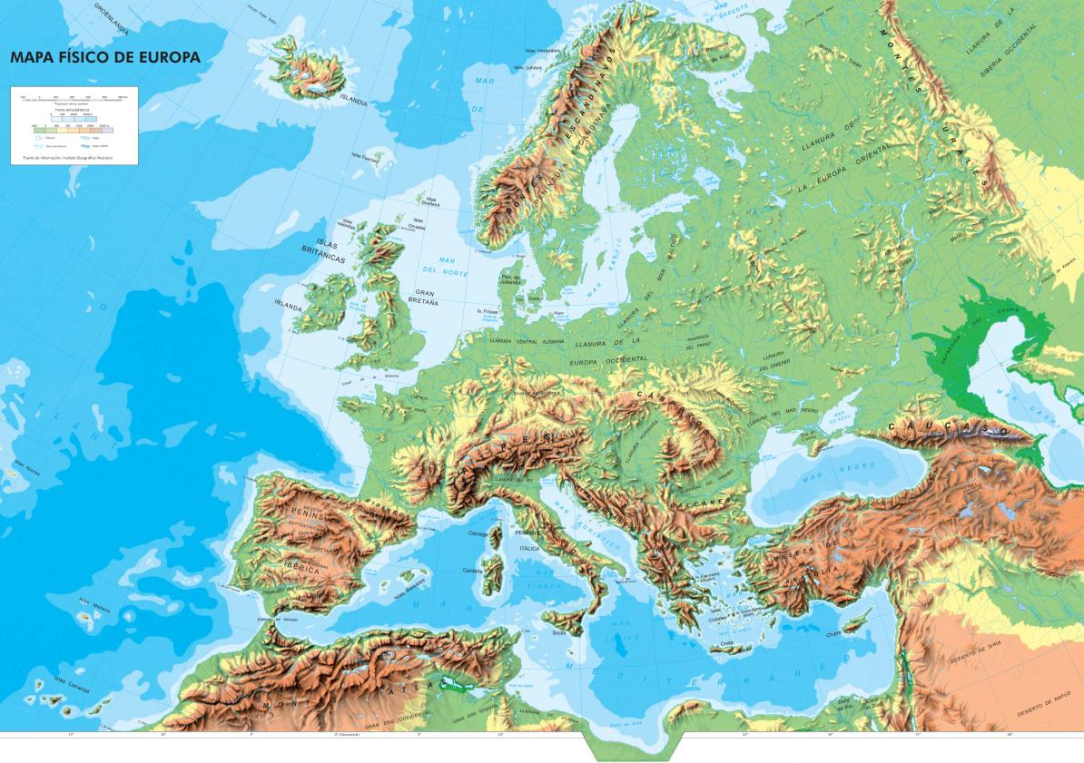 Mapa de ríos y montañas de Europa