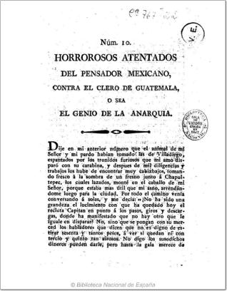 Horrorosos atentados del Pensador Mexicano, contra el clero de Guatemala, o sea El genio de la anarquía