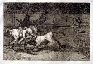 Mariano Ceballos, alias El Indio, mata al toro desde su caballo. Tauromaquia, 23.