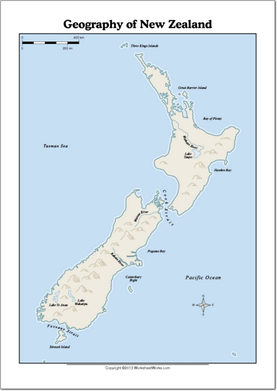Mapa de ríos y lagos de Nueva Zelanda. WorksheetWorks