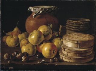 Bodegón: manzanas, peras, cajas de dulce y recipiente